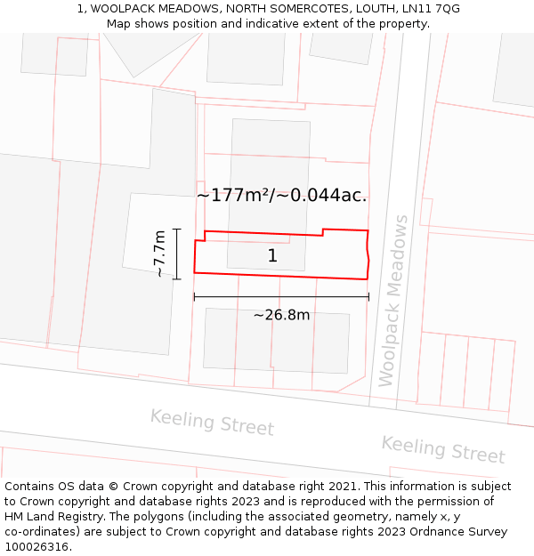 1, WOOLPACK MEADOWS, NORTH SOMERCOTES, LOUTH, LN11 7QG: Plot and title map