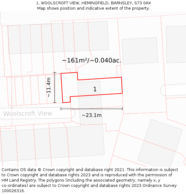 1, WOOLSCROFT VIEW, HEMINGFIELD, BARNSLEY, S73 0AX: Plot and title map