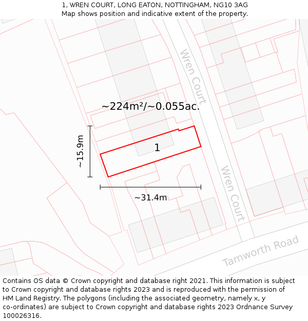 1, WREN COURT, LONG EATON, NOTTINGHAM, NG10 3AG: Plot and title map