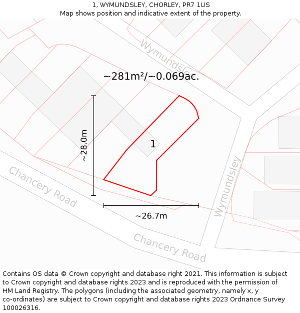 1, WYMUNDSLEY, CHORLEY, PR7 1US: Plot and title map