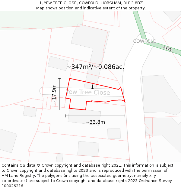 1, YEW TREE CLOSE, COWFOLD, HORSHAM, RH13 8BZ: Plot and title map