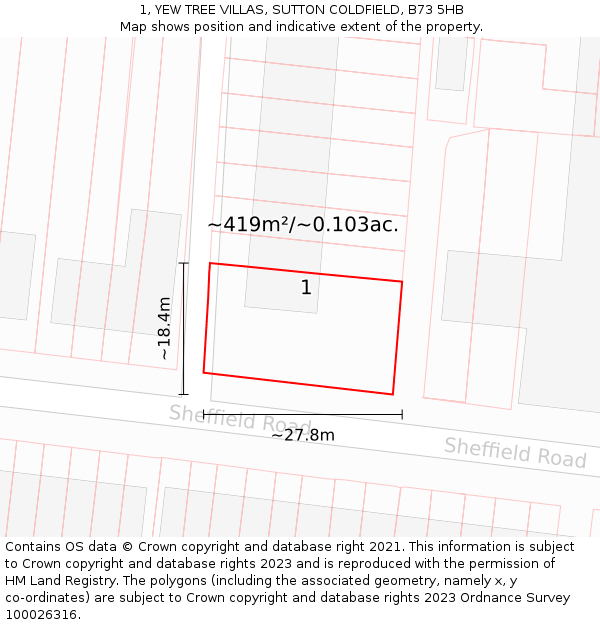 1, YEW TREE VILLAS, SUTTON COLDFIELD, B73 5HB: Plot and title map