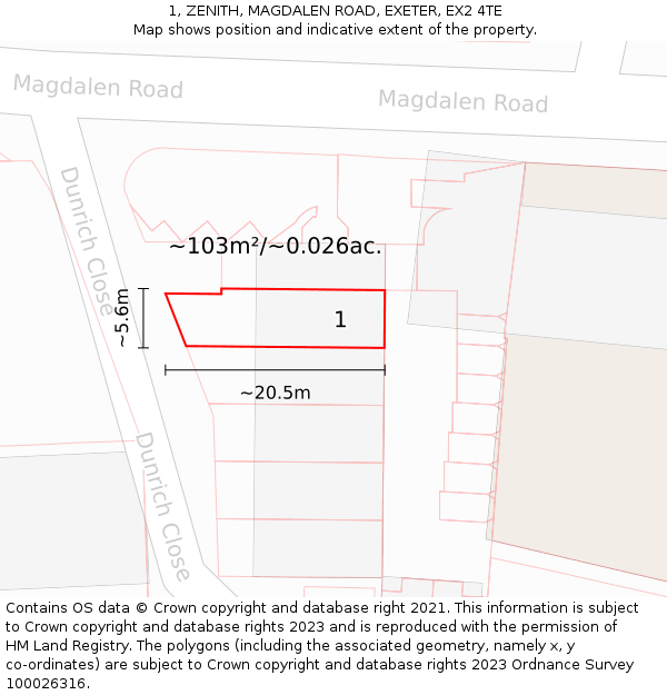 1, ZENITH, MAGDALEN ROAD, EXETER, EX2 4TE: Plot and title map