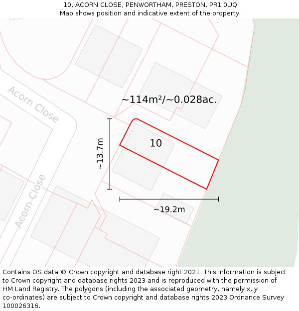 10, ACORN CLOSE, PENWORTHAM, PRESTON, PR1 0UQ: Plot and title map