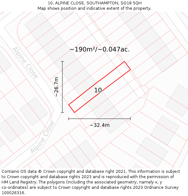 10, ALPINE CLOSE, SOUTHAMPTON, SO18 5QH: Plot and title map