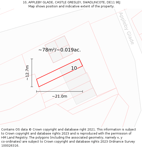 10, APPLEBY GLADE, CASTLE GRESLEY, SWADLINCOTE, DE11 9EJ: Plot and title map