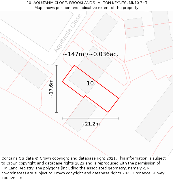 10, AQUITANIA CLOSE, BROOKLANDS, MILTON KEYNES, MK10 7HT: Plot and title map