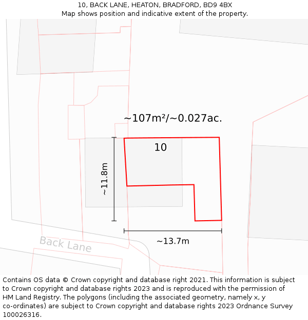 10, BACK LANE, HEATON, BRADFORD, BD9 4BX: Plot and title map