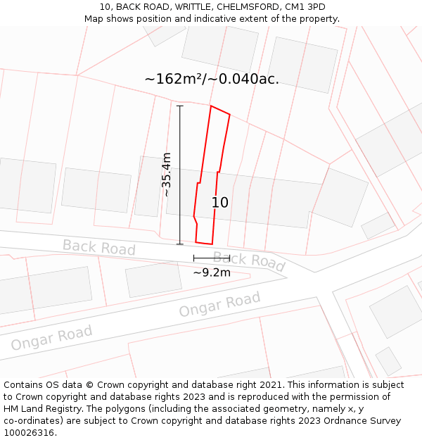10, BACK ROAD, WRITTLE, CHELMSFORD, CM1 3PD: Plot and title map
