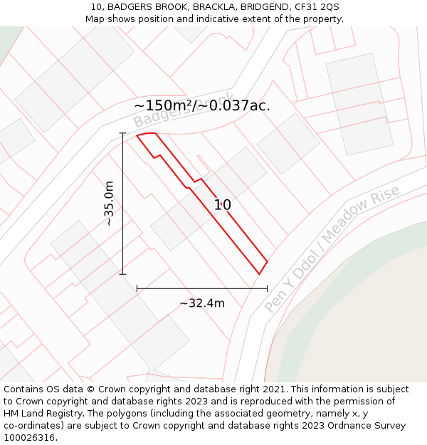 10, BADGERS BROOK, BRACKLA, BRIDGEND, CF31 2QS: Plot and title map