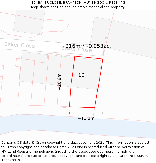 10, BAKER CLOSE, BRAMPTON, HUNTINGDON, PE28 4PG: Plot and title map
