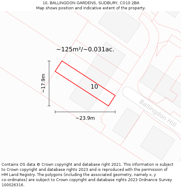 10, BALLINGDON GARDENS, SUDBURY, CO10 2BA: Plot and title map
