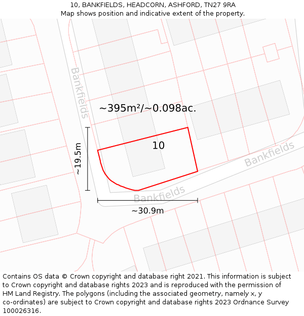 10, BANKFIELDS, HEADCORN, ASHFORD, TN27 9RA: Plot and title map