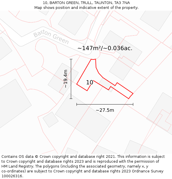 10, BARTON GREEN, TRULL, TAUNTON, TA3 7NA: Plot and title map