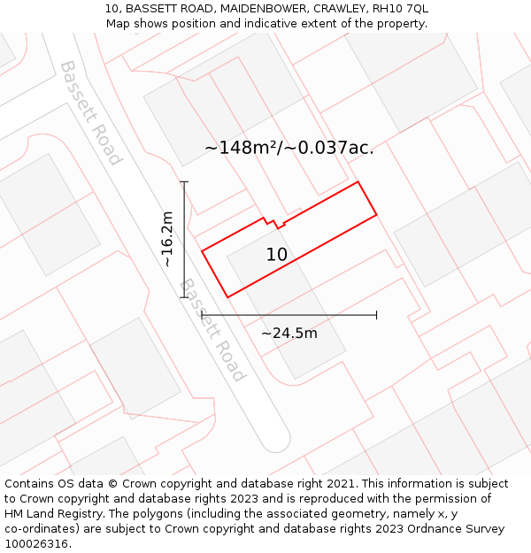 10, BASSETT ROAD, MAIDENBOWER, CRAWLEY, RH10 7QL: Plot and title map