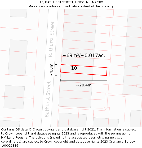 10, BATHURST STREET, LINCOLN, LN2 5PX: Plot and title map