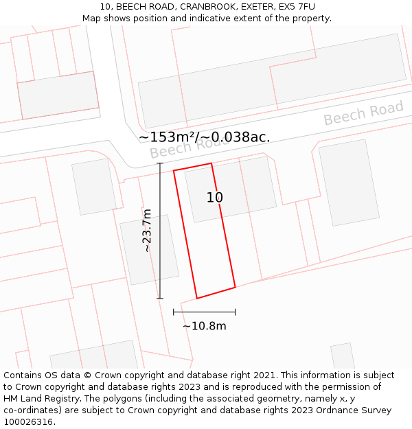 10, BEECH ROAD, CRANBROOK, EXETER, EX5 7FU: Plot and title map