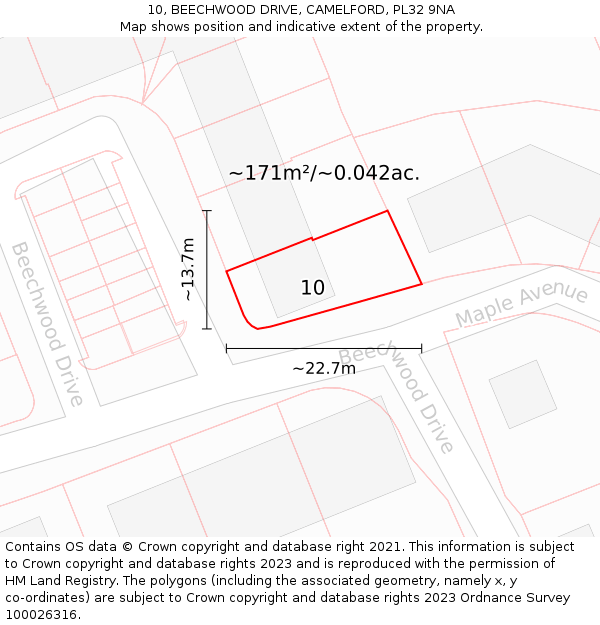 10, BEECHWOOD DRIVE, CAMELFORD, PL32 9NA: Plot and title map