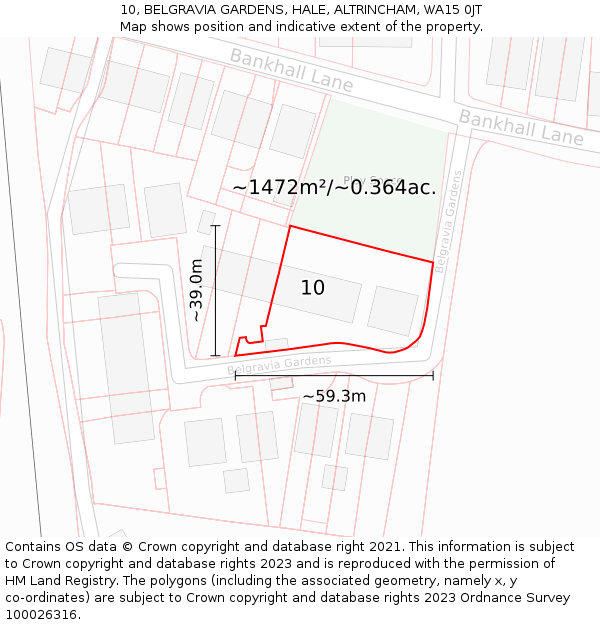 10, BELGRAVIA GARDENS, HALE, ALTRINCHAM, WA15 0JT: Plot and title map