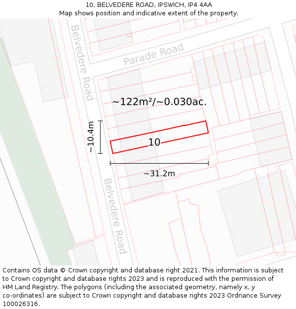 10, BELVEDERE ROAD, IPSWICH, IP4 4AA: Plot and title map