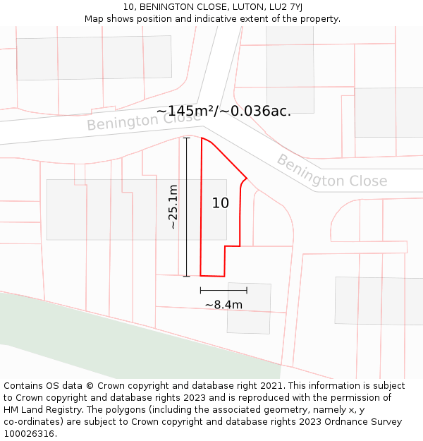 10, BENINGTON CLOSE, LUTON, LU2 7YJ: Plot and title map