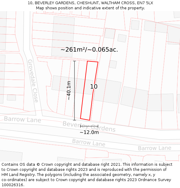 10, BEVERLEY GARDENS, CHESHUNT, WALTHAM CROSS, EN7 5LX: Plot and title map