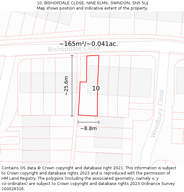 10, BISHOPDALE CLOSE, NINE ELMS, SWINDON, SN5 5UJ: Plot and title map