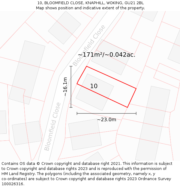 10, BLOOMFIELD CLOSE, KNAPHILL, WOKING, GU21 2BL: Plot and title map