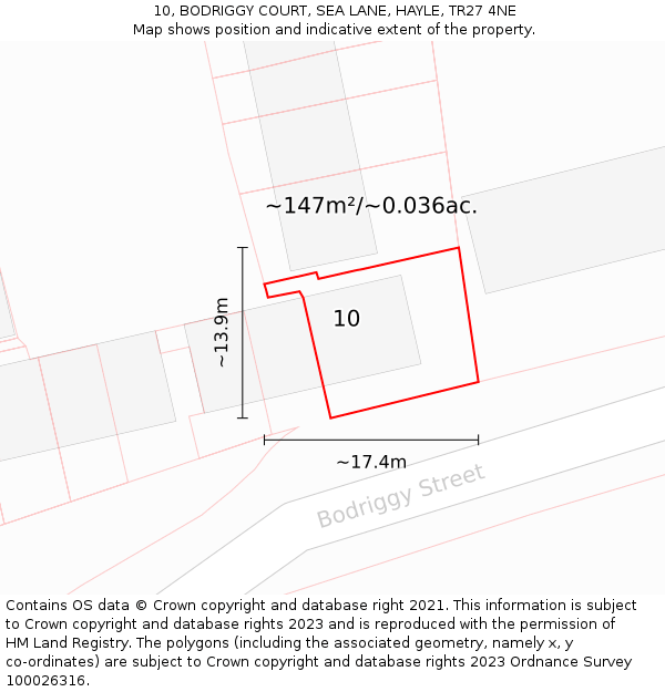 10, BODRIGGY COURT, SEA LANE, HAYLE, TR27 4NE: Plot and title map