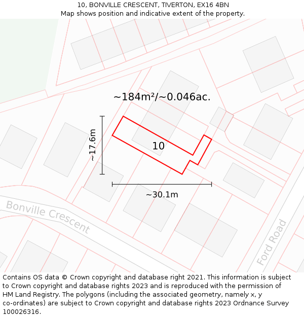 10, BONVILLE CRESCENT, TIVERTON, EX16 4BN: Plot and title map