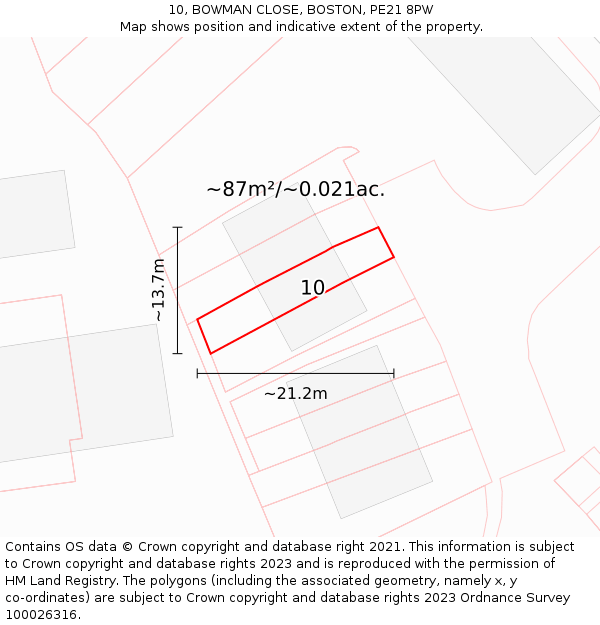 10, BOWMAN CLOSE, BOSTON, PE21 8PW: Plot and title map