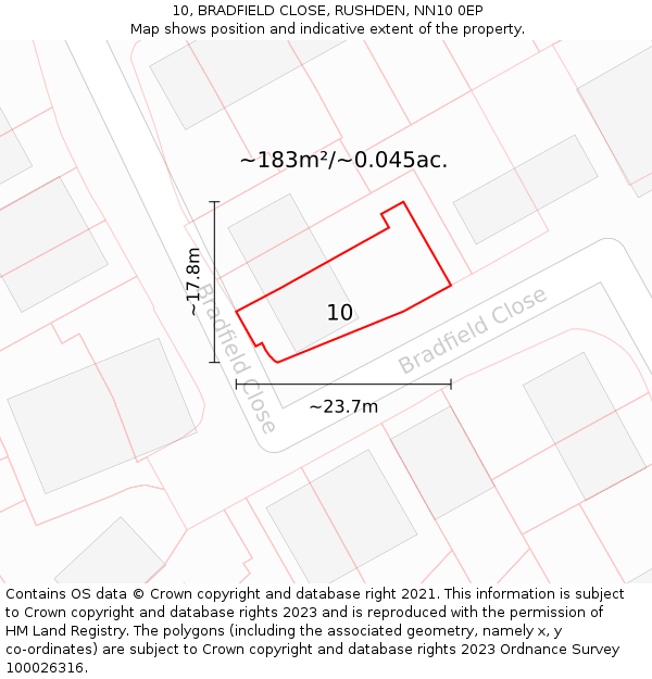 10, BRADFIELD CLOSE, RUSHDEN, NN10 0EP: Plot and title map