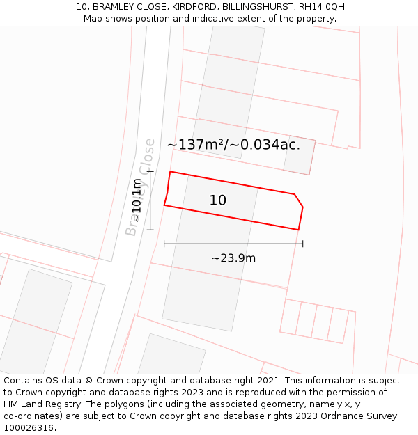 10, BRAMLEY CLOSE, KIRDFORD, BILLINGSHURST, RH14 0QH: Plot and title map