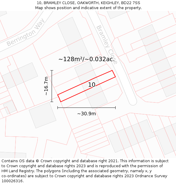 10, BRAMLEY CLOSE, OAKWORTH, KEIGHLEY, BD22 7SS: Plot and title map