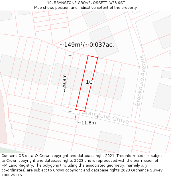 10, BRANSTONE GROVE, OSSETT, WF5 9ST: Plot and title map