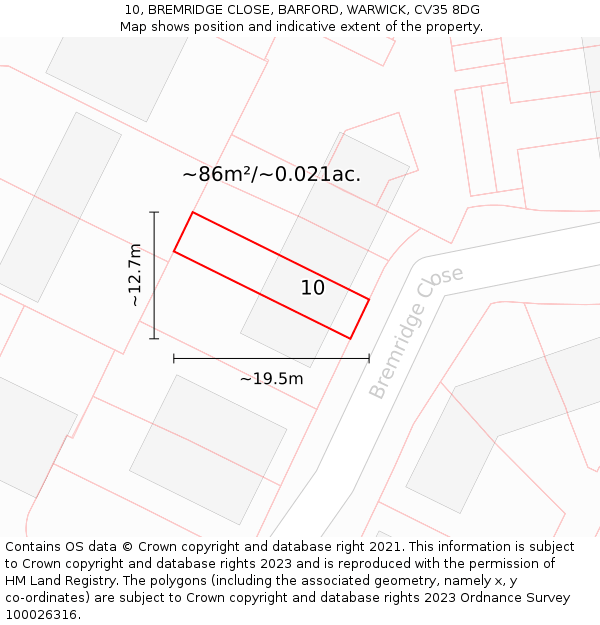 10, BREMRIDGE CLOSE, BARFORD, WARWICK, CV35 8DG: Plot and title map
