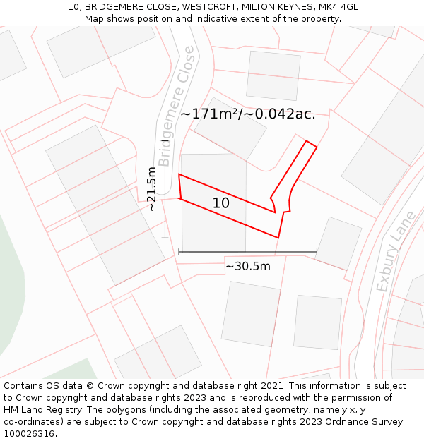 10, BRIDGEMERE CLOSE, WESTCROFT, MILTON KEYNES, MK4 4GL: Plot and title map