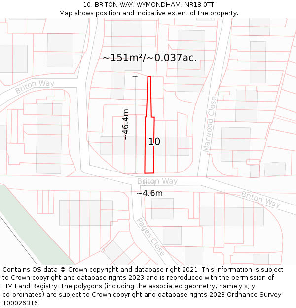 10, BRITON WAY, WYMONDHAM, NR18 0TT: Plot and title map