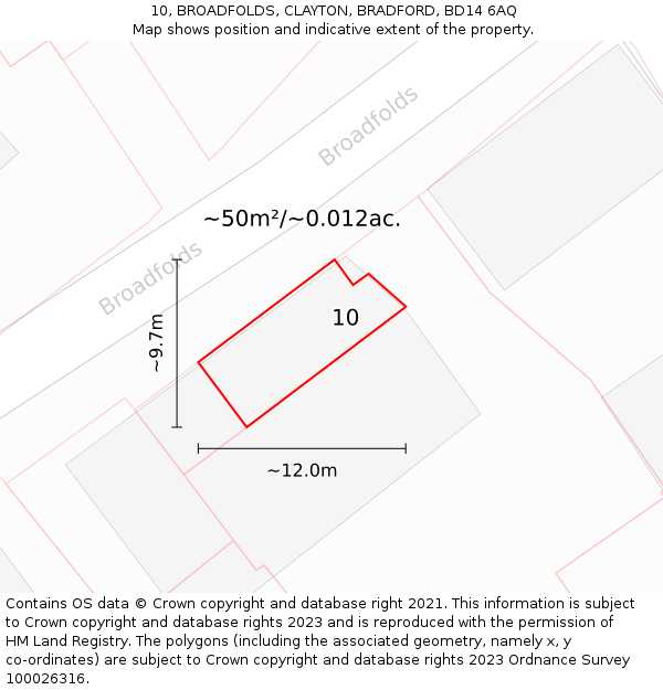 10, BROADFOLDS, CLAYTON, BRADFORD, BD14 6AQ: Plot and title map