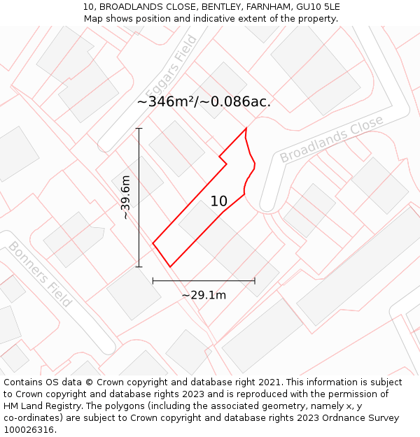 10, BROADLANDS CLOSE, BENTLEY, FARNHAM, GU10 5LE: Plot and title map