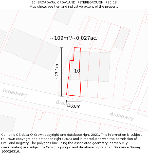 10, BROADWAY, CROWLAND, PETERBOROUGH, PE6 0BJ: Plot and title map