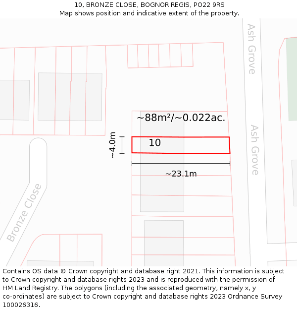10, BRONZE CLOSE, BOGNOR REGIS, PO22 9RS: Plot and title map