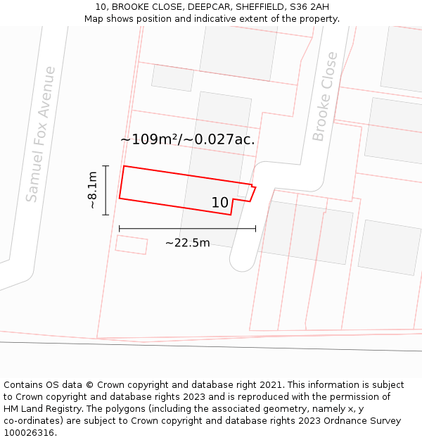 10, BROOKE CLOSE, DEEPCAR, SHEFFIELD, S36 2AH: Plot and title map