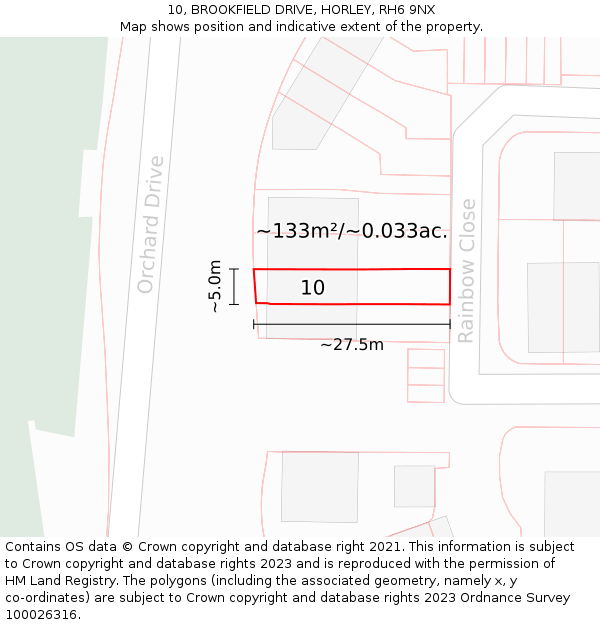 10, BROOKFIELD DRIVE, HORLEY, RH6 9NX: Plot and title map