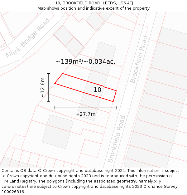 10, BROOKFIELD ROAD, LEEDS, LS6 4EJ: Plot and title map
