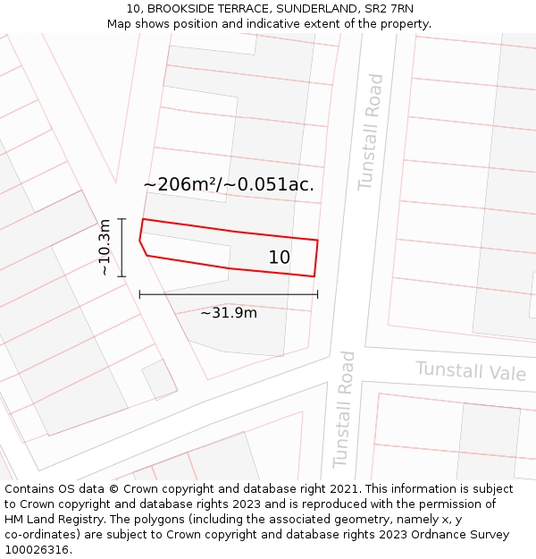 10, BROOKSIDE TERRACE, SUNDERLAND, SR2 7RN: Plot and title map