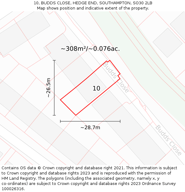 10, BUDDS CLOSE, HEDGE END, SOUTHAMPTON, SO30 2LB: Plot and title map