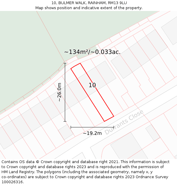 10, BULMER WALK, RAINHAM, RM13 9LU: Plot and title map