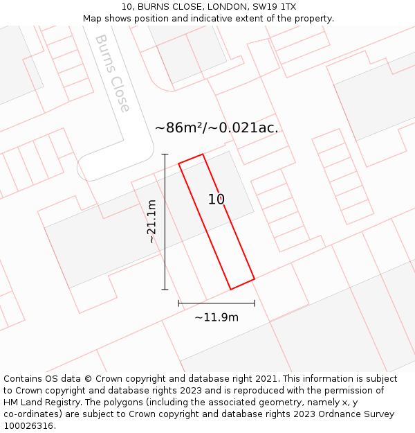 10, BURNS CLOSE, LONDON, SW19 1TX: Plot and title map