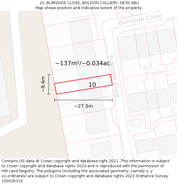 10, BURNSIDE CLOSE, BOLDON COLLIERY, NE35 9BU: Plot and title map